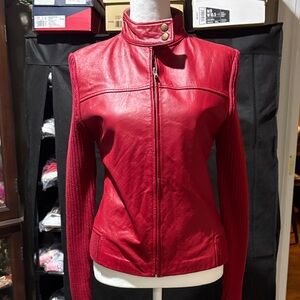 19c# Red Leather and knit Women's Jacket Sz S. EUC